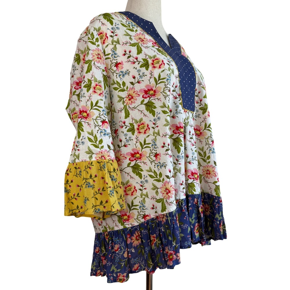 Coldwater Creek Mixed-Print Floral Tunic with Navy Yoke and Yellow Cuffs